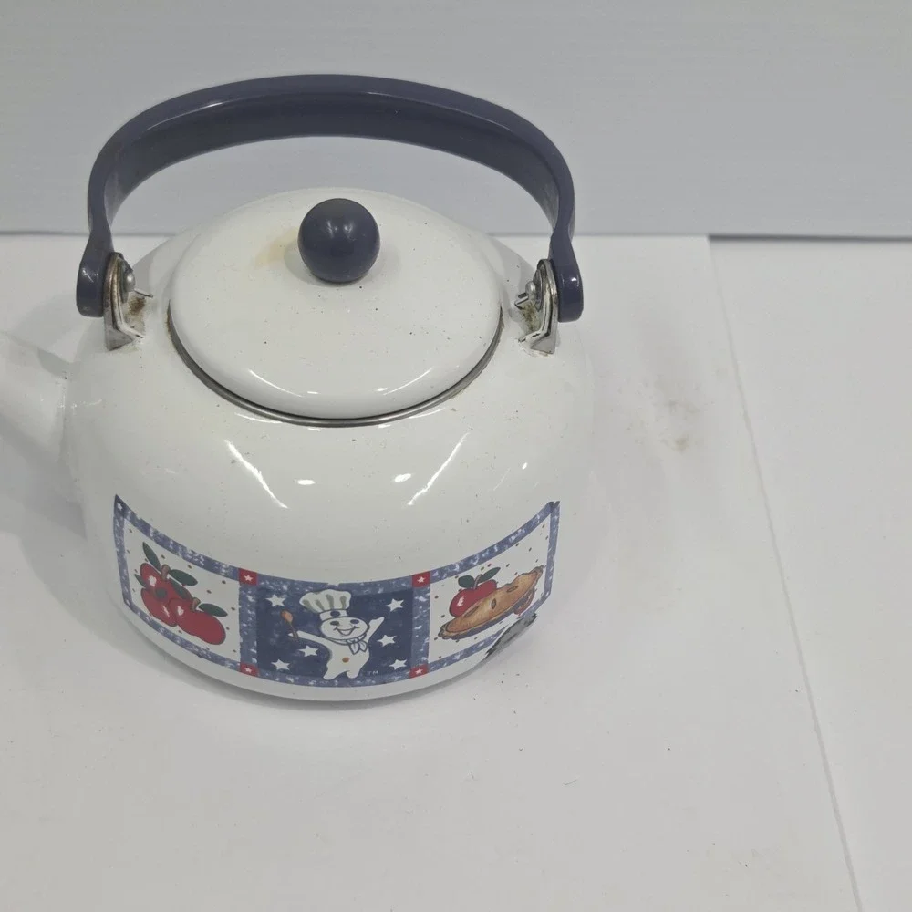 Vintage 1999 Pillsbury Doughboy Enamel Tea Kettle - Poppin Fresh 2‎ Qt Teapot